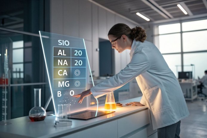 Lab scientist analyzing glass composition for SiO2 Al2O3 Na2O CaO MgO