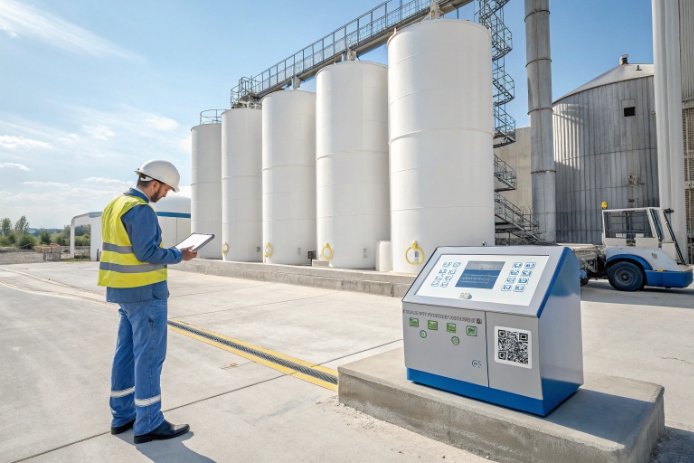 Engineer scanning QR equipment near raw material silos at glass plant site