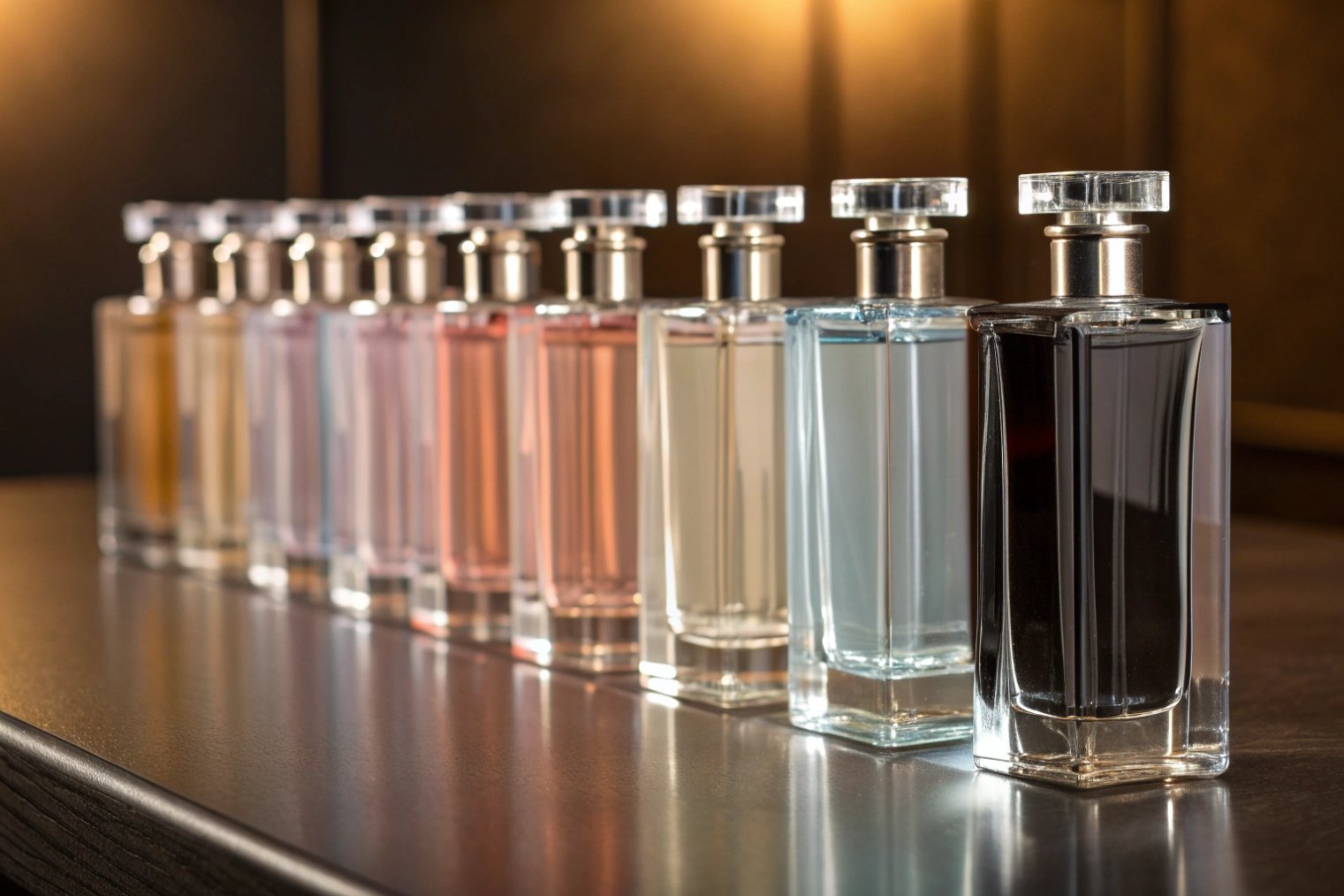 row of colorful rectangular perfume glass bottles on counter