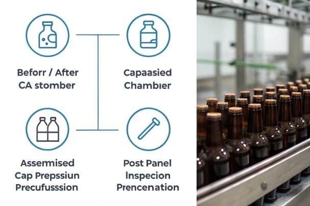 Capping inspection workflow infographic beside amber bottles on conveyor in packaging line