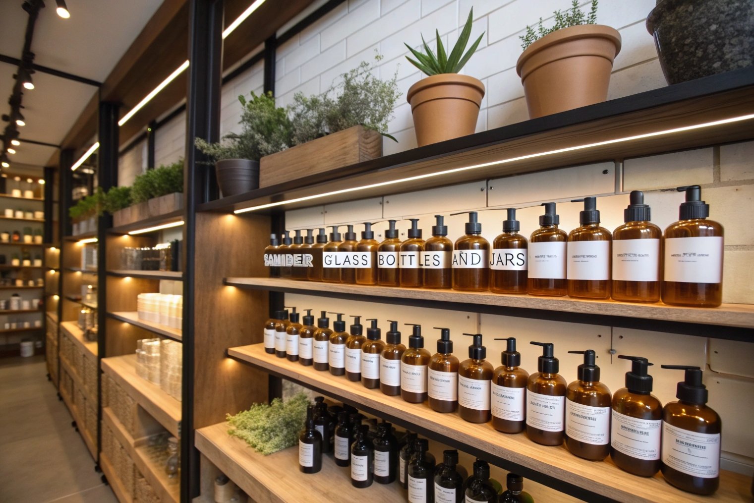 store shelving filled with labeled amber glass pump bottles and jars for skincare