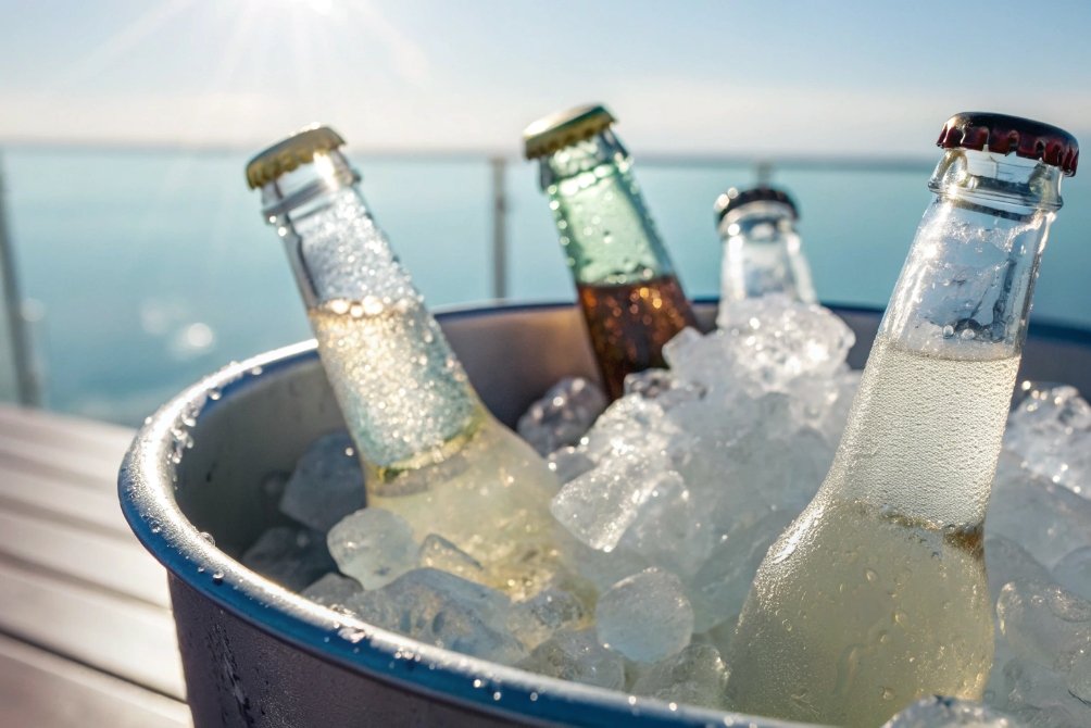 Chilled glass beverage bottles in ice bucket on sunny ocean deck