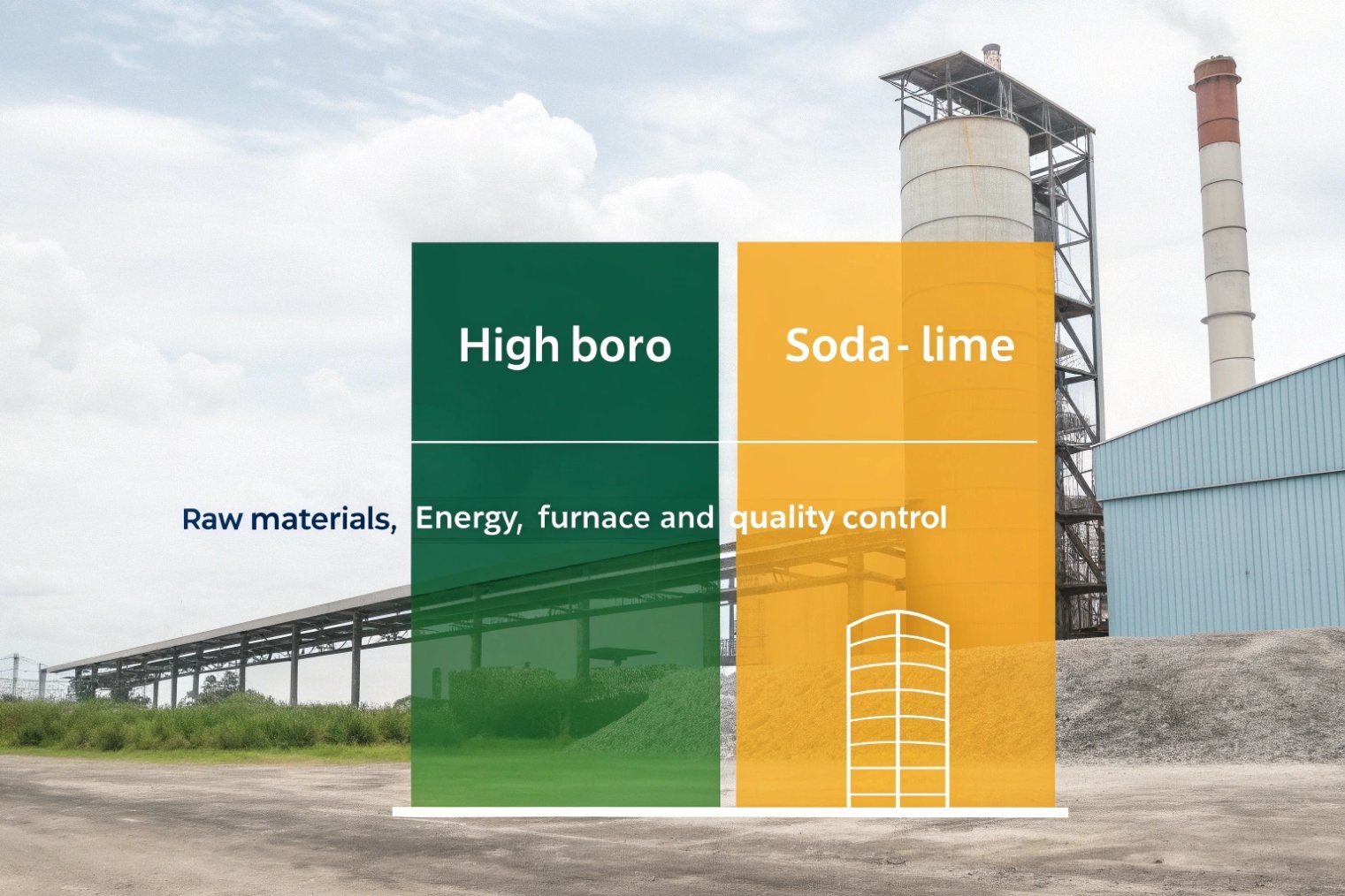Factory infographic comparing high borosilicate and soda-lime glass production resources