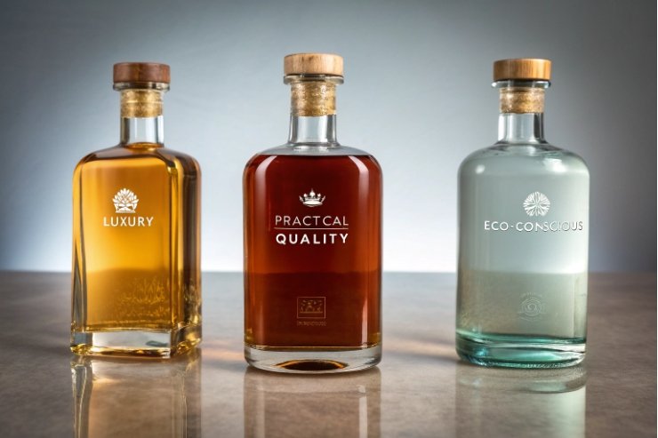 Three square spirits bottles labeled luxury practical quality and eco conscious branding