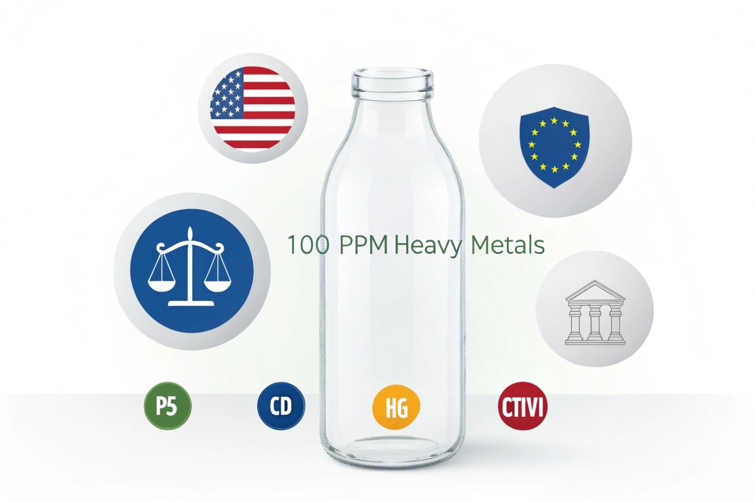 Clear glass bottle illustration with 100 ppm heavy metals and international compliance icons