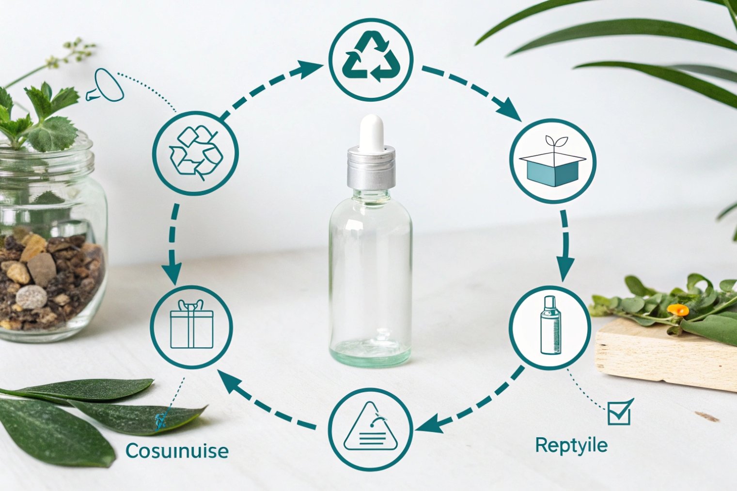 Clear glass dropper bottle surrounded by a circular infographic of recycling, refill, and reuse icons with green plants nearby