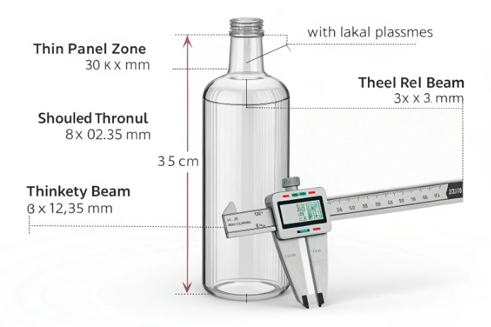 Technical bottle-dimension diagram: clear bottle silhouette with callouts for panel/shoulder zones and a digital caliper measuring the body width.