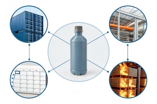 Packaging lifecycle infographic linking bottle to logistics, factory, schedule, and heat process