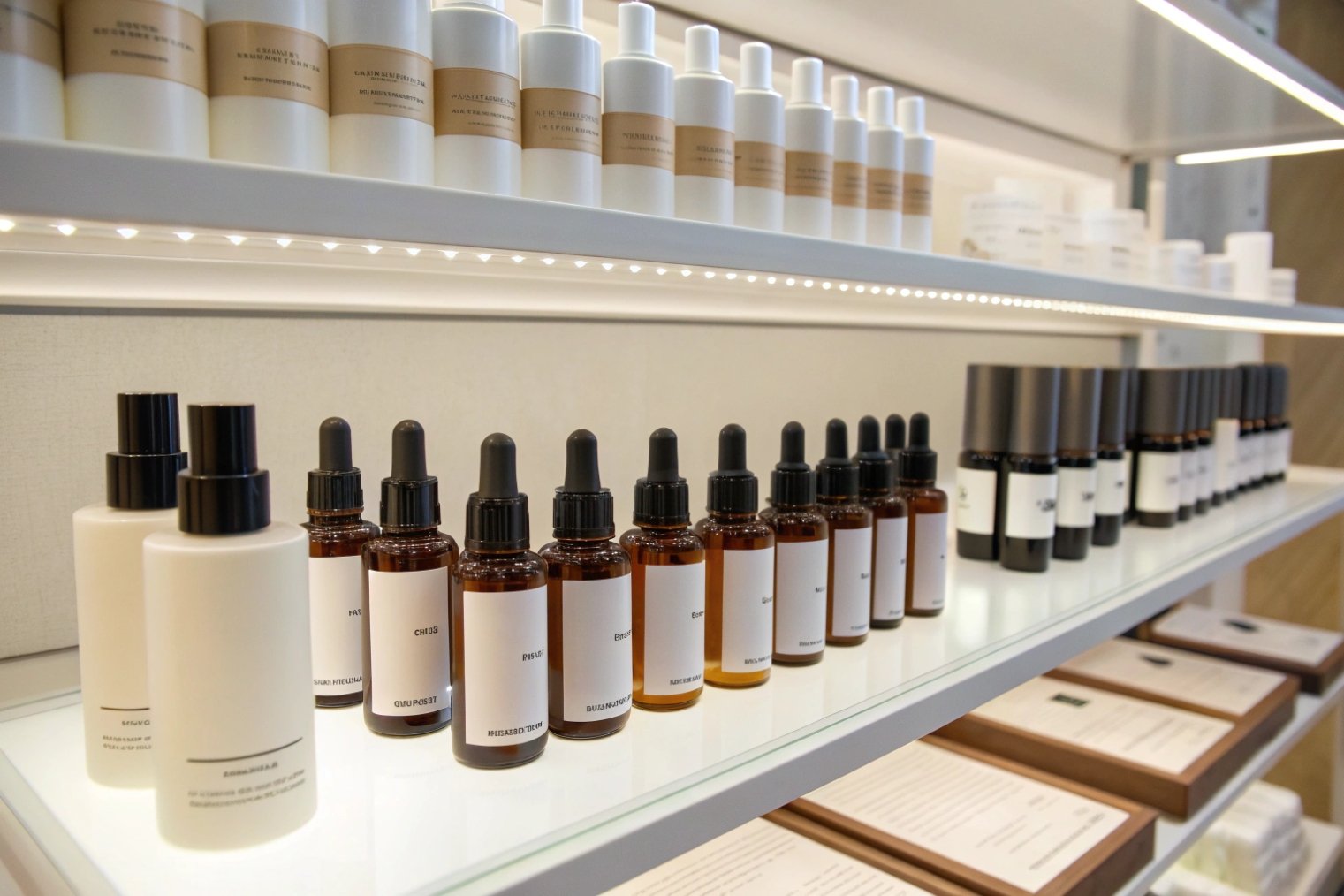 Illuminated retail shelf lined with coordinated families of white lotion bottles, amber droppers and dark treatment vials