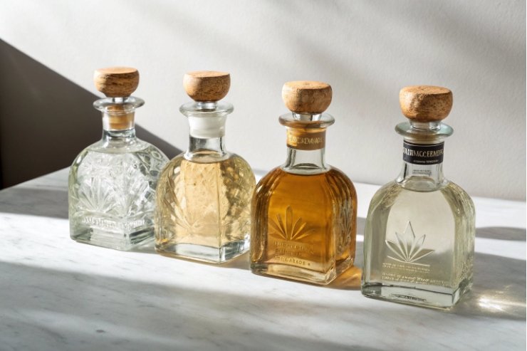 Short agave style tequila decanters with wooden stoppers in sunlight on marble counter