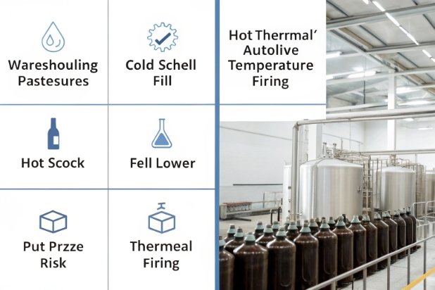 Glass bottle filling line in factory with thermal processing icons infographic