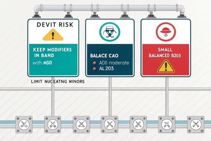 Devitrification risk controls infographic balancing modifiers, CaO Al2O3, and B2O3 levels