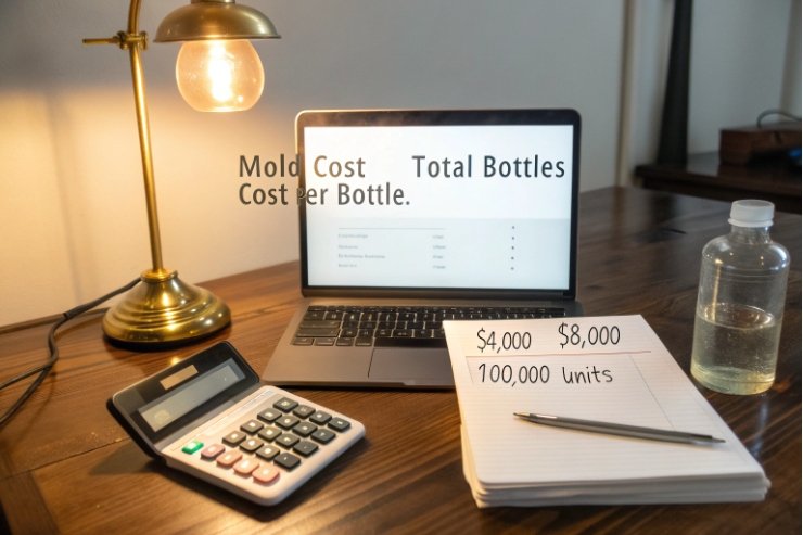 Desk with laptop calculator notebook calculating mold cost per glass bottle unit
