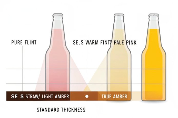 Bottle color scale chart comparing flint, straw, pale pink, and true amber shades