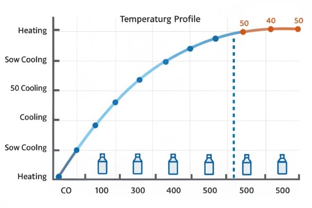 Annealing temperature profile Temperature profile chart for glass bottle heating and controlled cooling during annealing