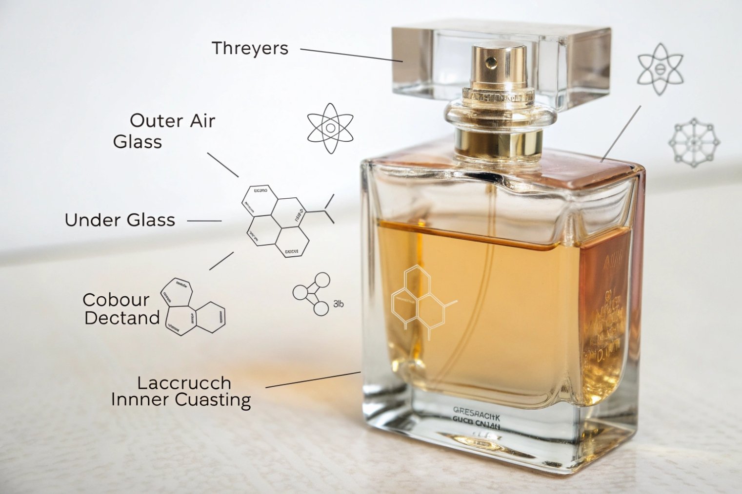 Luxe square perfume bottle with diagrams and pseudo-chemical callouts floating around it