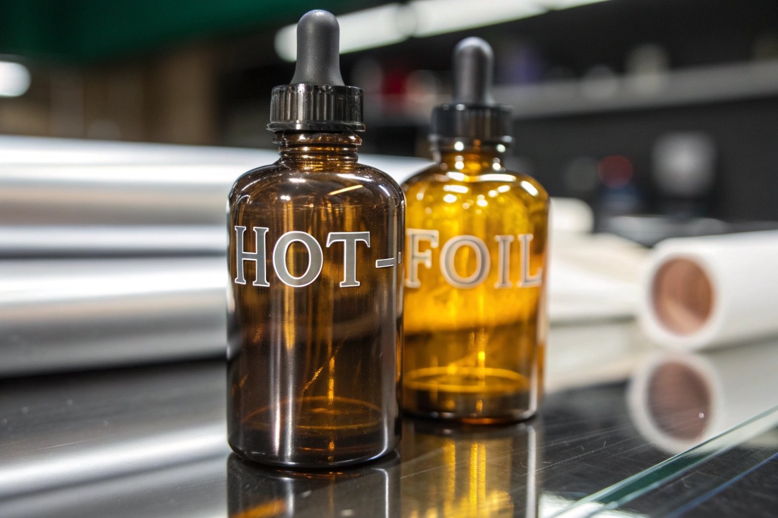 amber cosmetic dropper bottles with bold white hot foil stamped branding