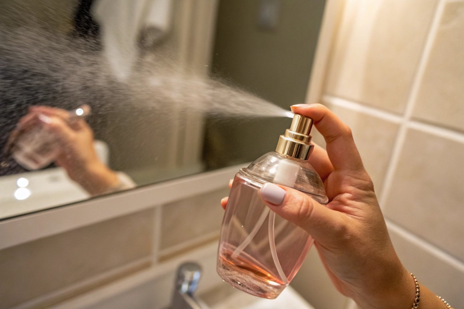 Hand spraying a fine perfume mist in front of a bathroom mirror