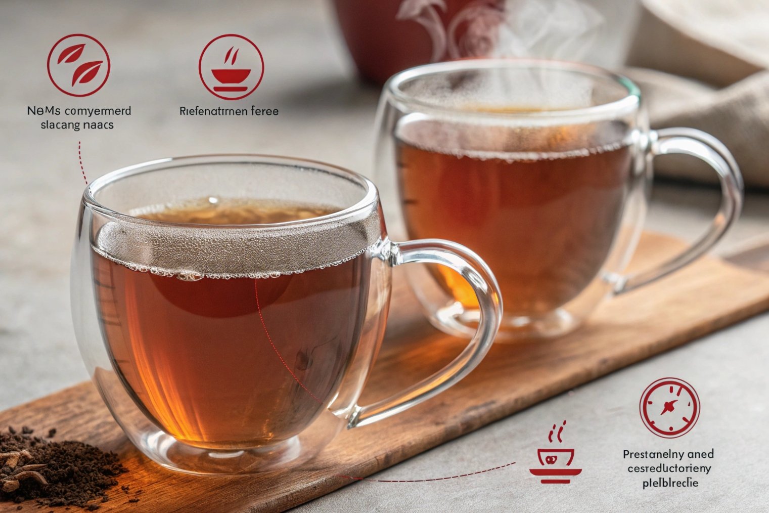 Two double-wall borosilicate glass tea cups filled with hot tea on a wooden board, with icons and callouts highlighting insulation and comfort