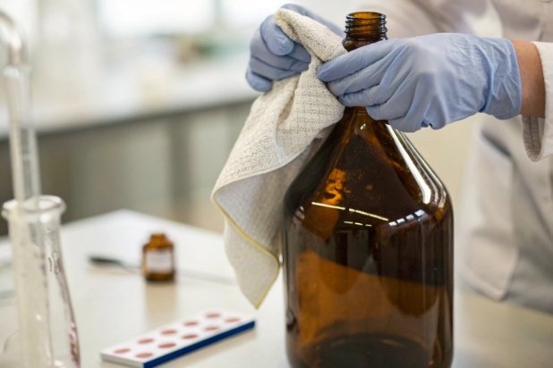 Gloved technician wiping large amber glass bottle during laboratory quality inspection