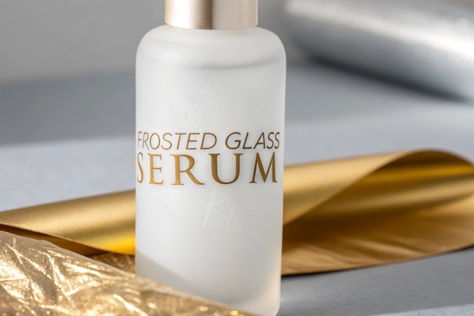 Close-up hero shot of a premium frosted glass serum bottle with gold accents
