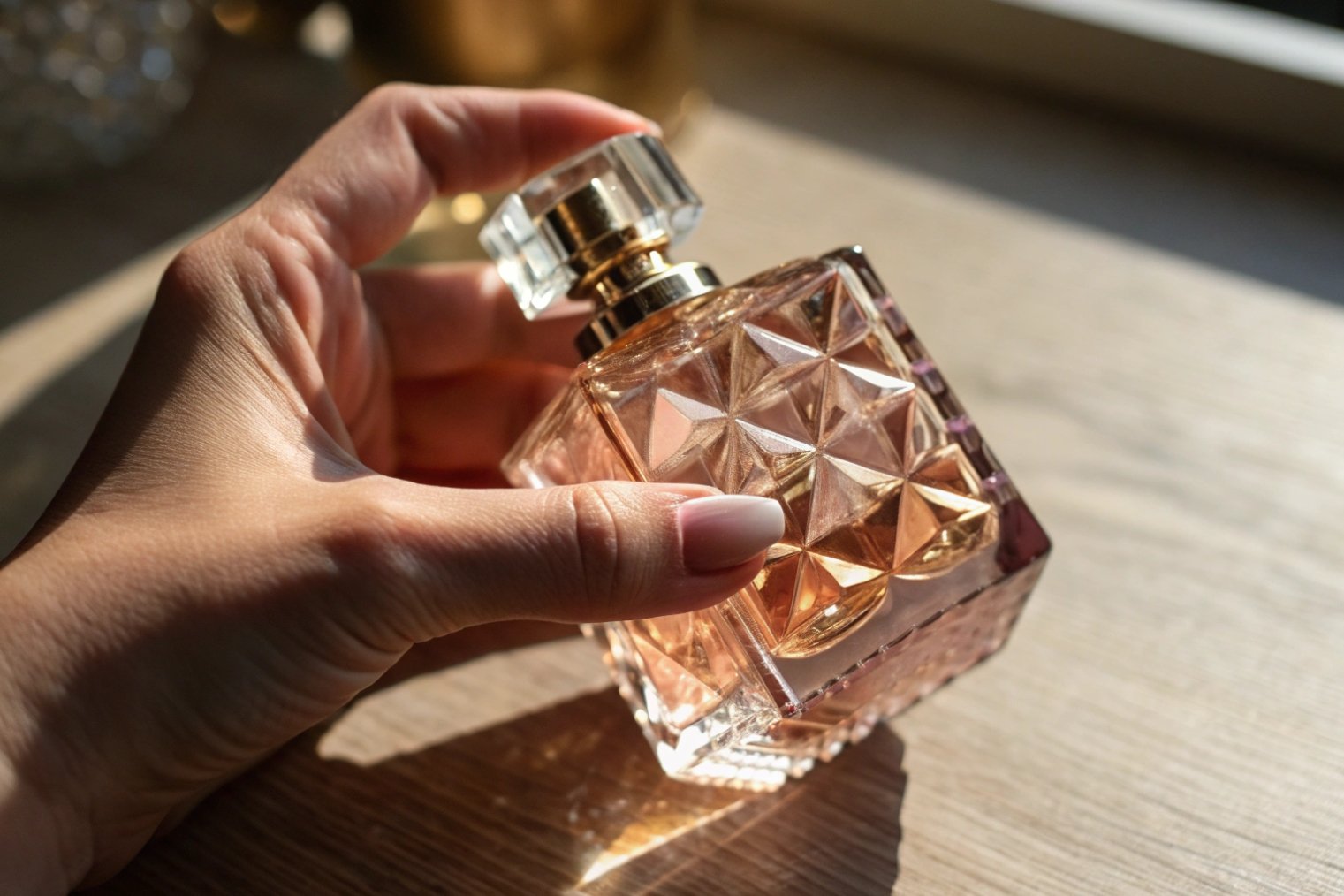 hand holding faceted square glass perfume bottle in warm sunlight