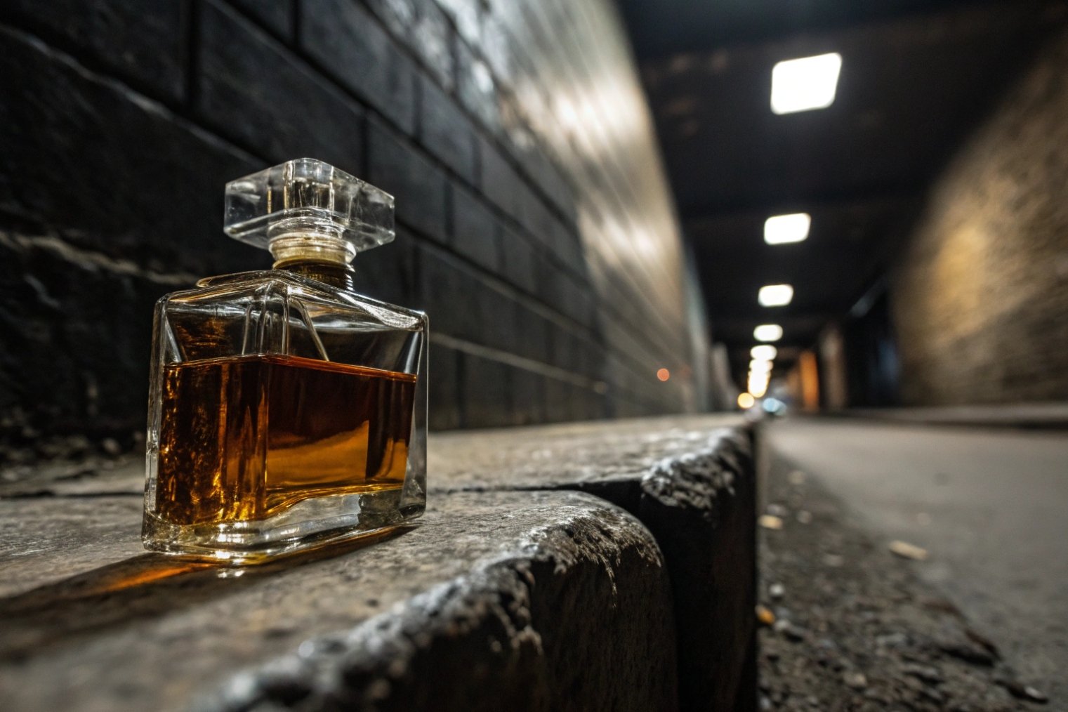 Amber perfume bottle in faceted glass sitting in dramatic city tunnel.