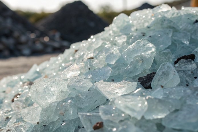 Pile of recycled glass cullet fragments at recycling yard in sunlight