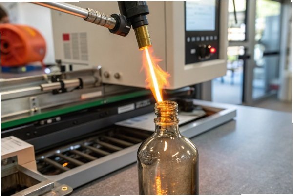 Glass bottle neck heated by flame for sealing and forming process