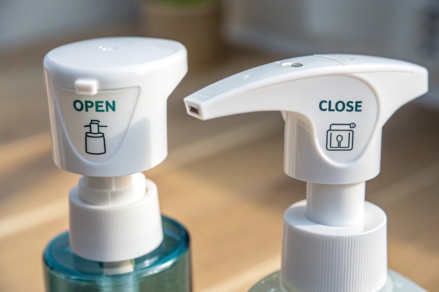 Closeup of two locking soap pump heads labeled open and close.