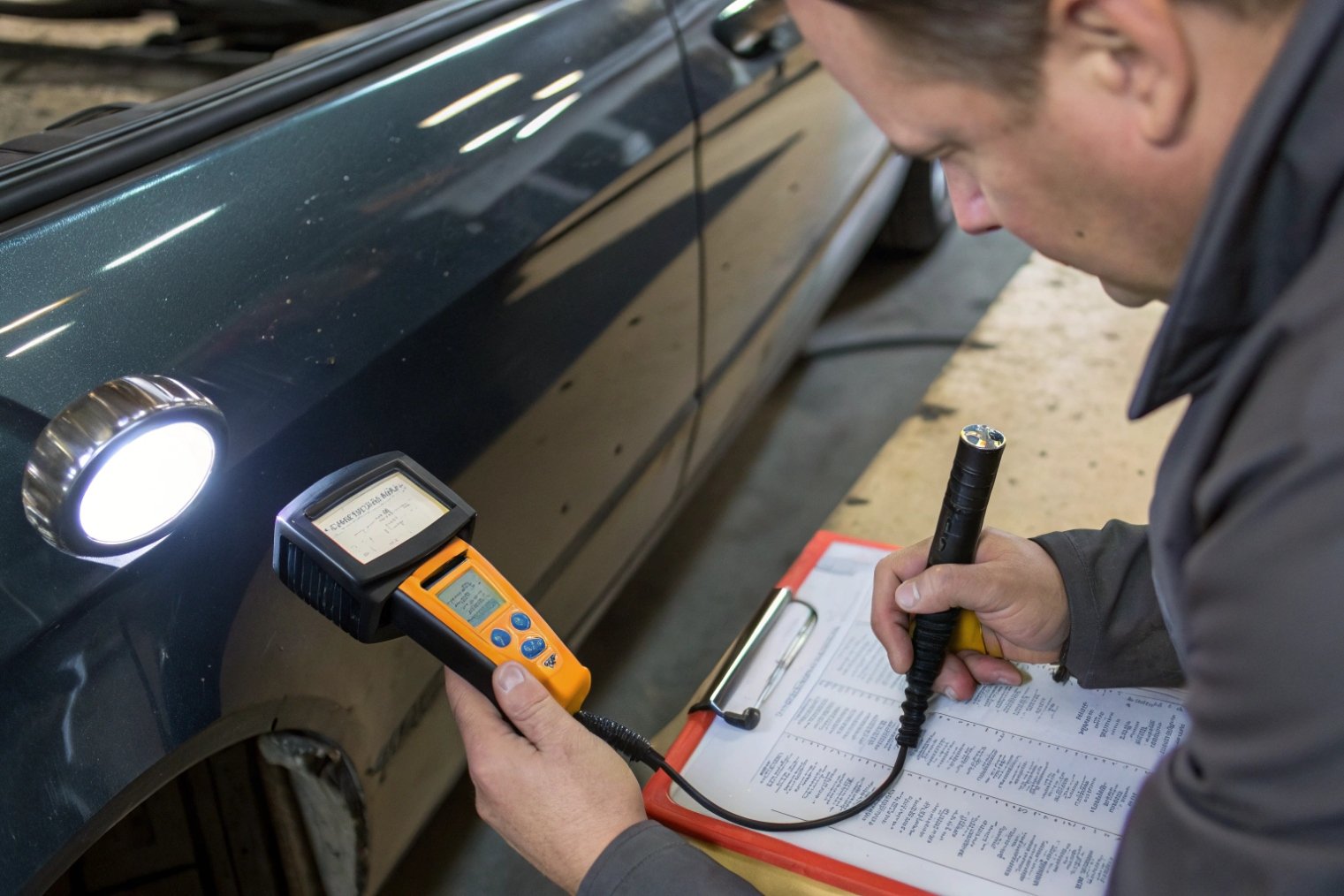 Technician measuring enamel coating thickness on vehicle door with digital gauge and checklist