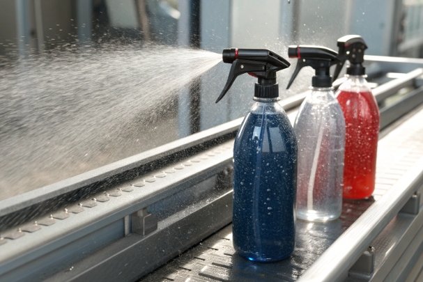 Trigger spray bottles on conveyor with mist spray demonstrating leak and nozzle performance