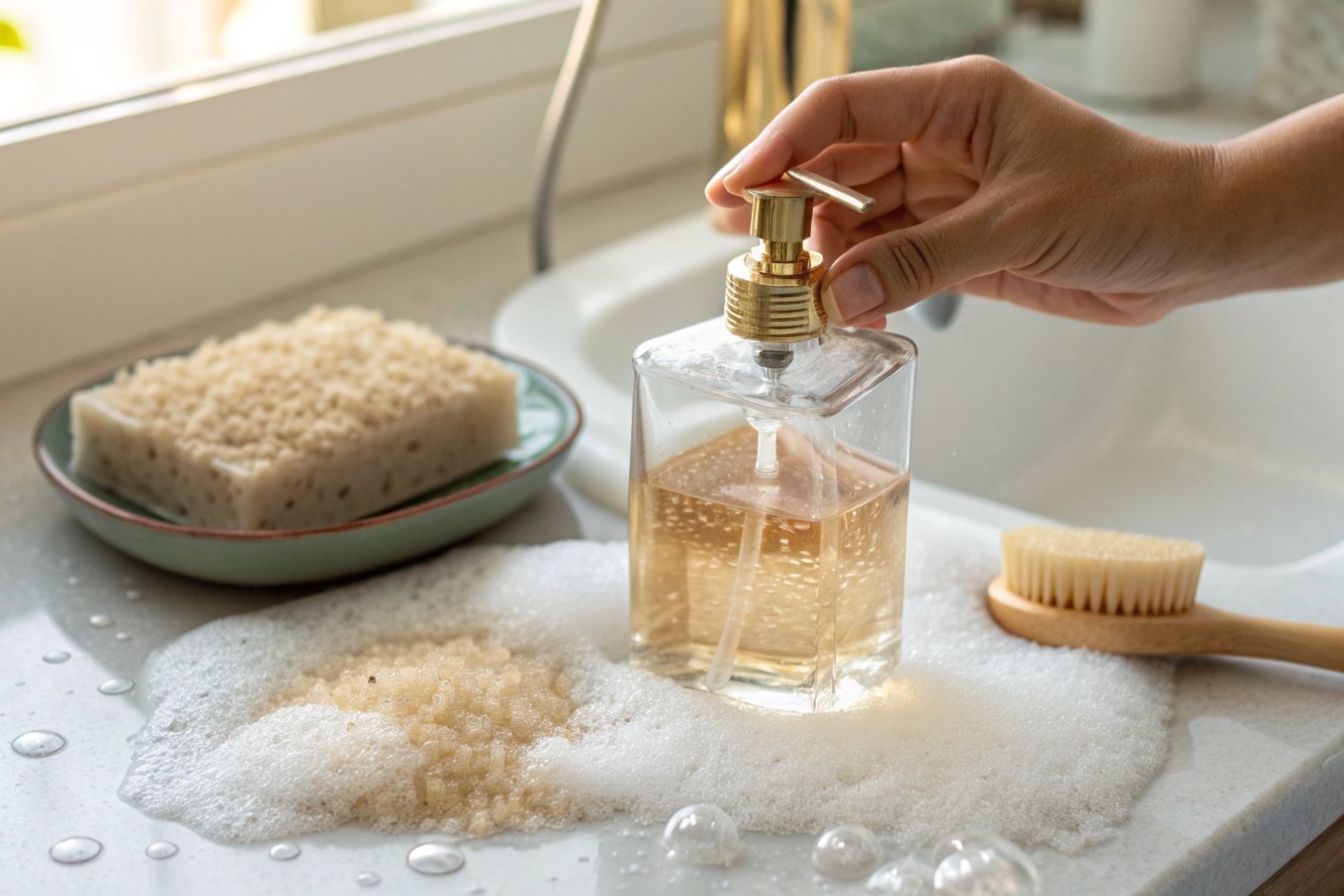 hand pressing vintage square glass soap dispenser bottle surrounded by foam and bath accessories