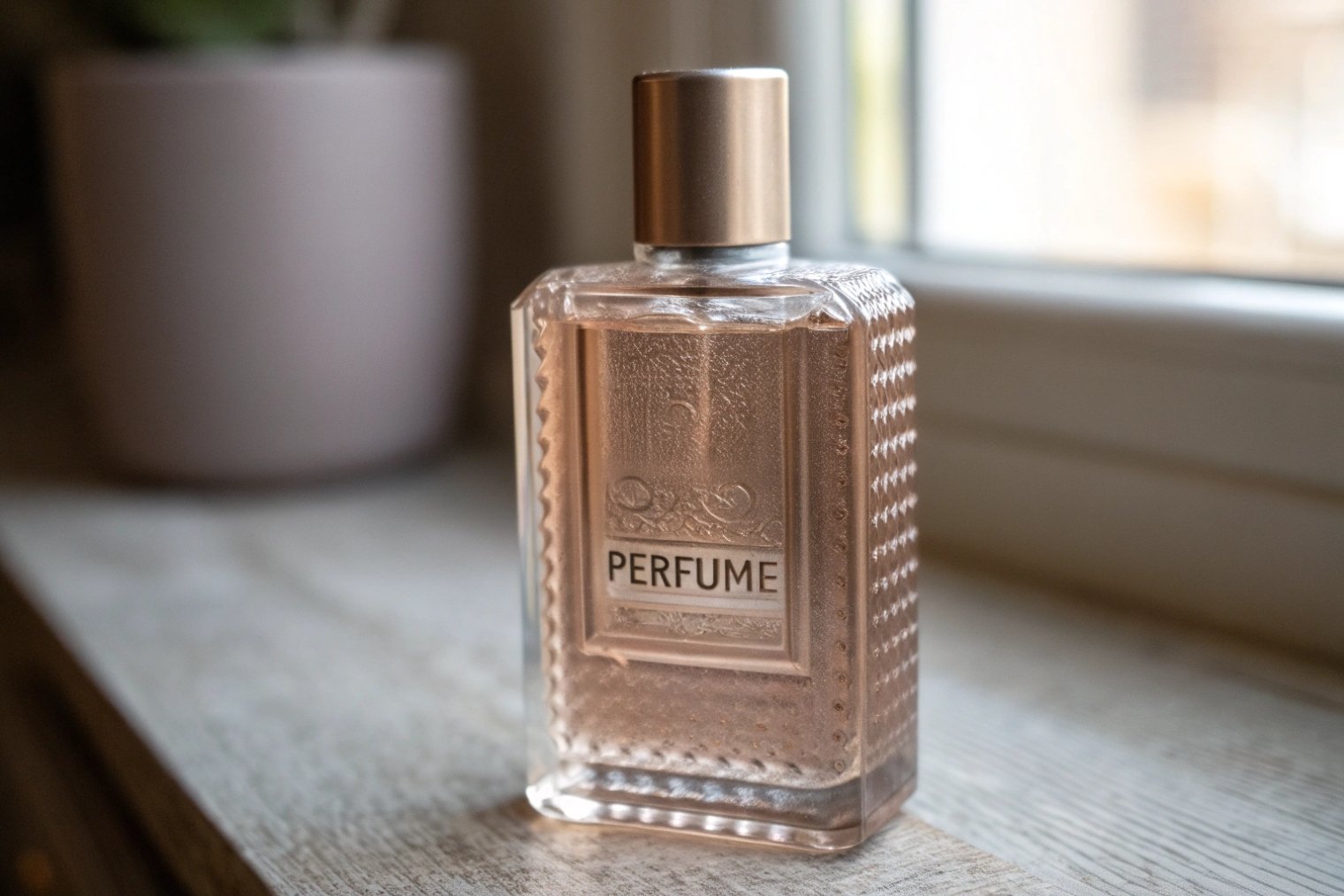 Embossed rose-gold glass perfume bottle catching window light on a wooden ledge