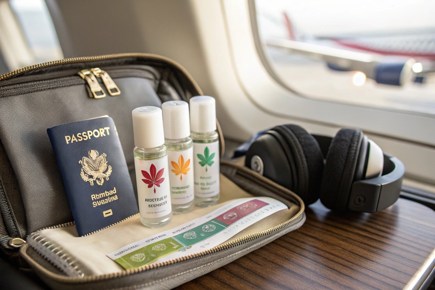 Travel toiletry bag with small roll on bottles passport and headphones on airplane tray table.
