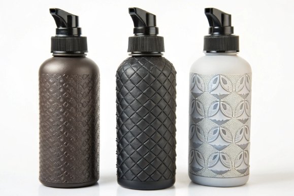 Three patterned pump bottles for cosmetics and personal care packaging with textured grip designs