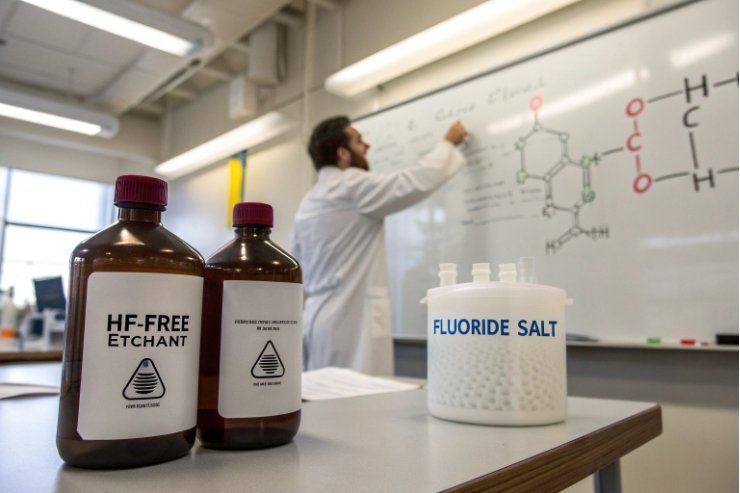 HF free glass etchant and fluoride salt bottles in chemistry laboratory with scientist