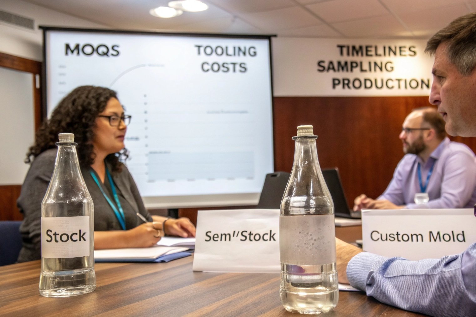 business meeting comparing stock semi stock and custom molded glass bottles