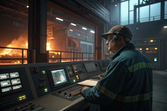 Factory operator monitoring glass furnace control panel in hot-end production area