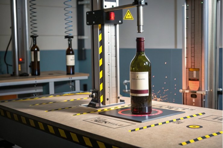 Top load impact test on glass wine bottle in safety test station