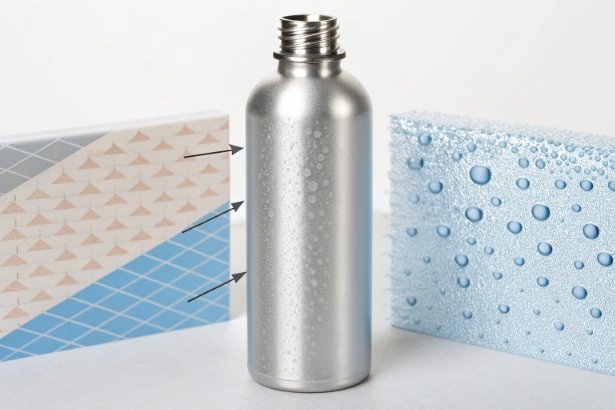 Condensed aluminum bottle with coating layers and moisture barrier concept shown by textured panels