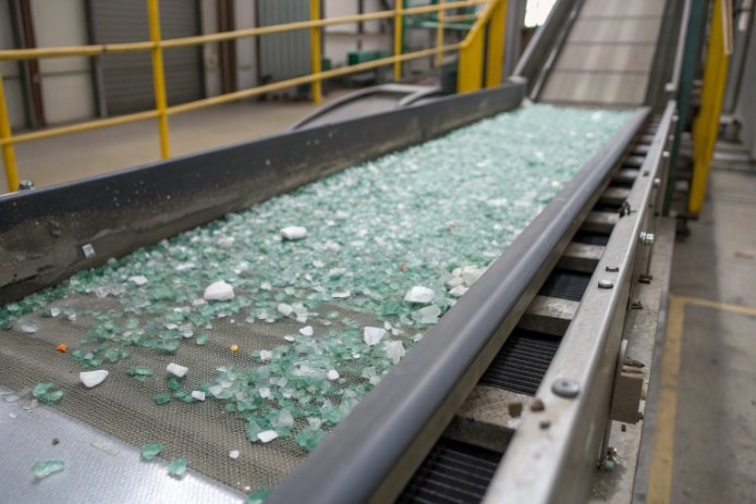 Recycled glass cullet fragments moving on conveyor belt in recycling plant
