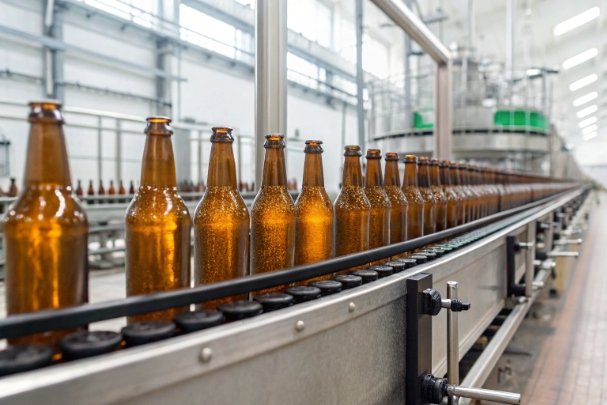 Amber Bottling Line Amber glass bottles moving on high-speed conveyor in automated bottling plant