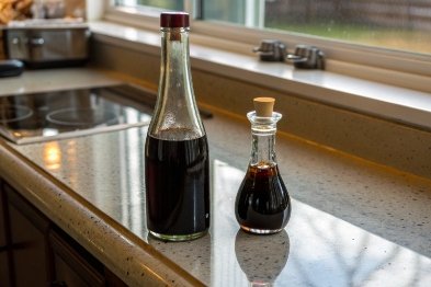 Two glass soy sauce bottles in different sizes displayed on a kitchen countertop