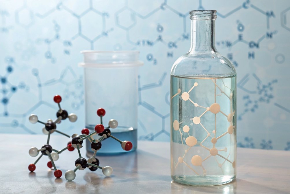 Laboratory glass bottle with molecular graphics illustrating inert and safe beverage contact surface