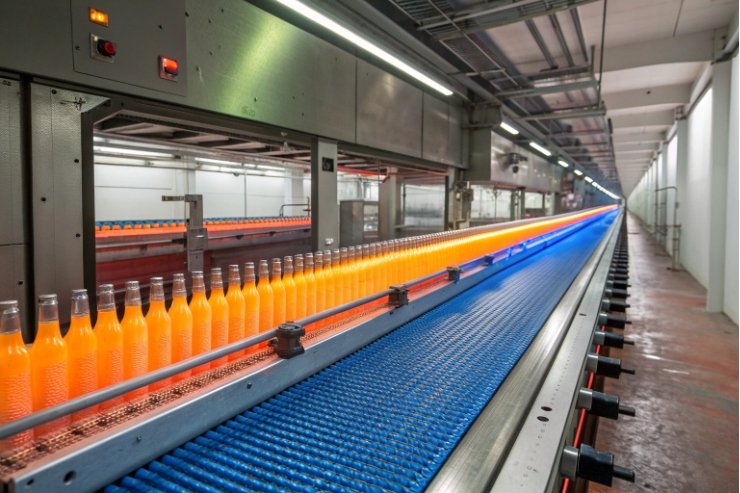 Long cooling conveyor carrying hot glass bottles through automated bottling plant tunnel