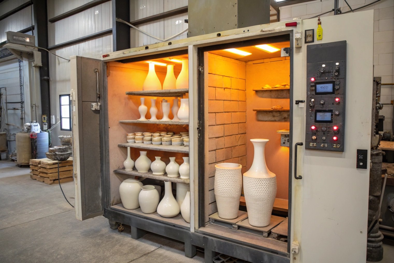 White glass vases being fired in large temperature-controlled production kiln