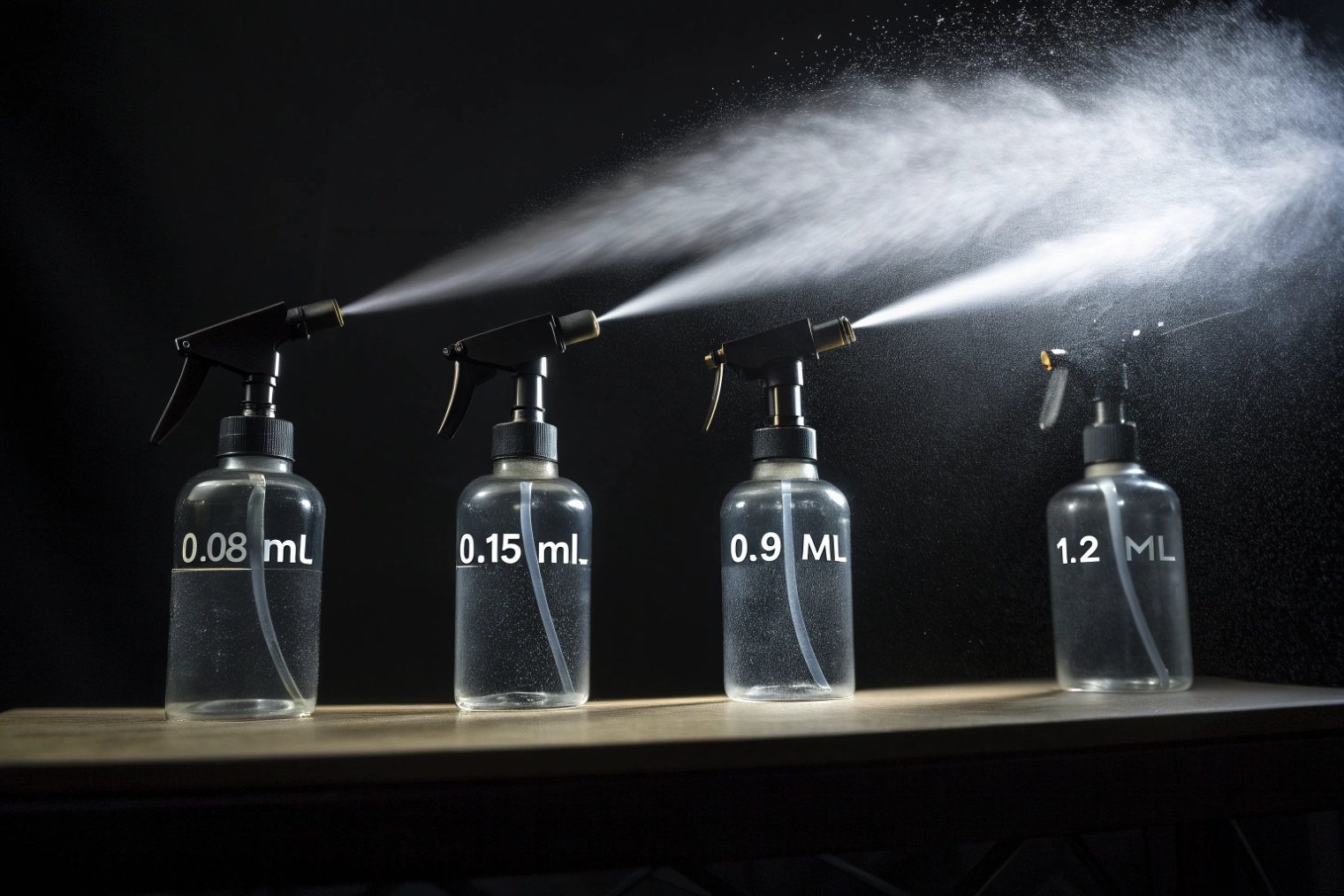 Four clear trigger-spray bottles labeled 0.08 mL, 0.15 mL, 0.9 mL and 1.2 mL, each firing a visibly different spray plume against a black background