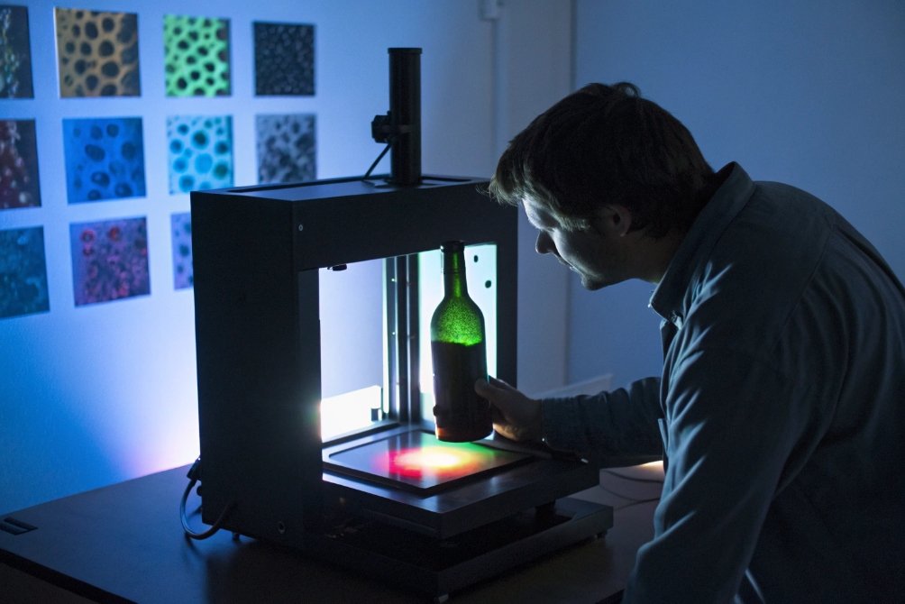 Engineer using optical scanner to analyze internal defects of green glass bottle