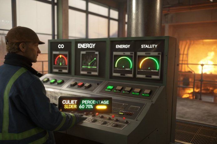 Operator monitoring furnace console with CO, energy, stability gauges and cullet percentage slider.